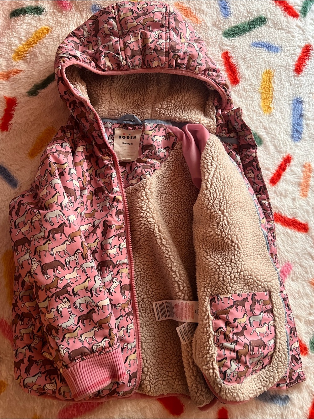 Mini Boden Pink Horse Print Sherpa-Lined Hooded Jacket